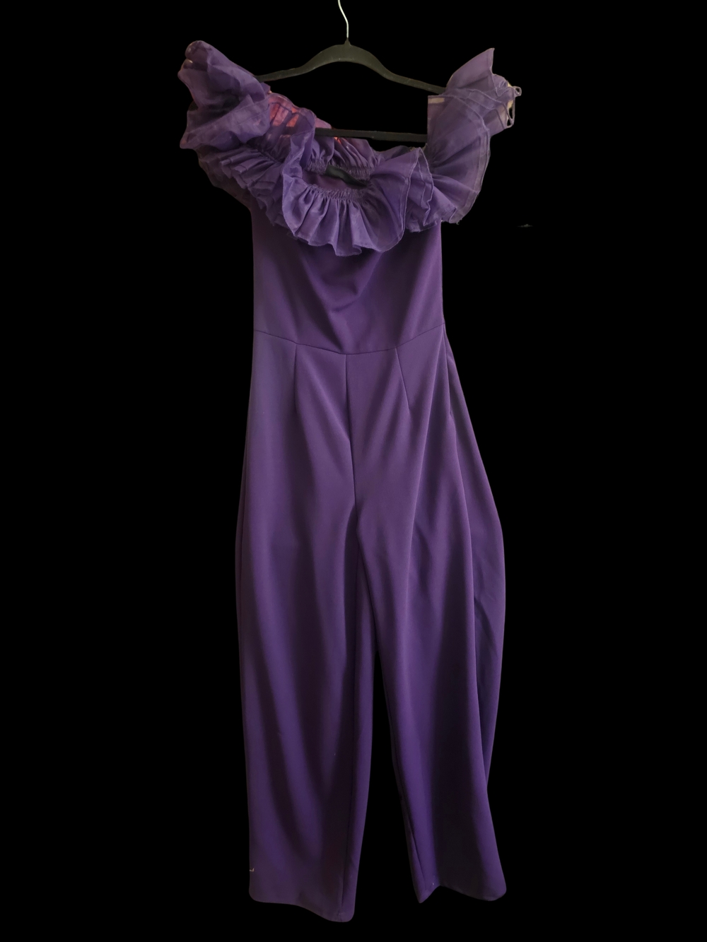 New York & Company Purple Off-Shoulder Ruffle Jumpsuit